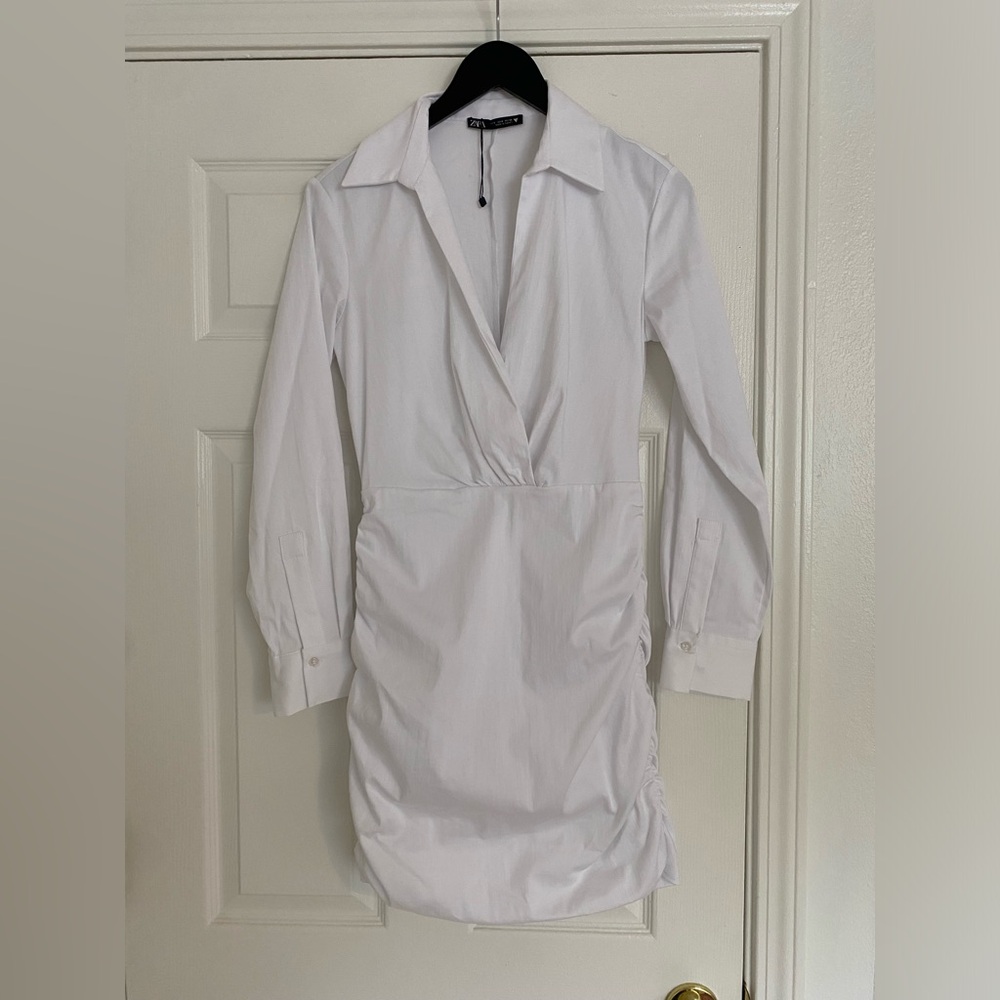 White Zara long sleeved collared shirt  dress